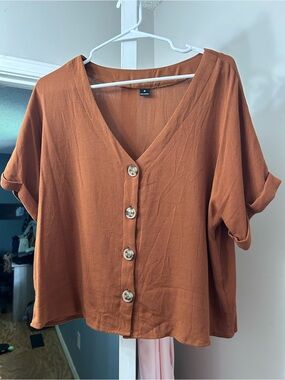 SHEIN Rust Button-Front V-Neck Blouse